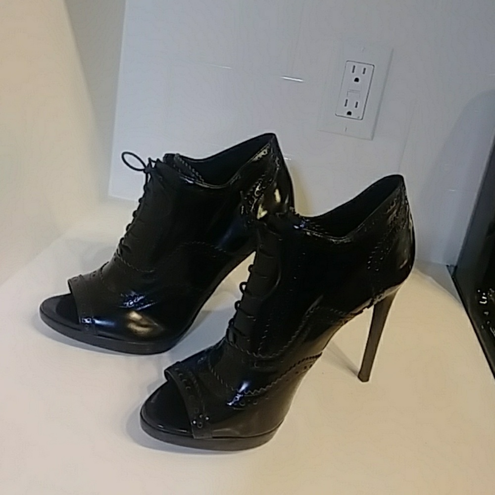 Burberry black patent leather peeptoe bootie